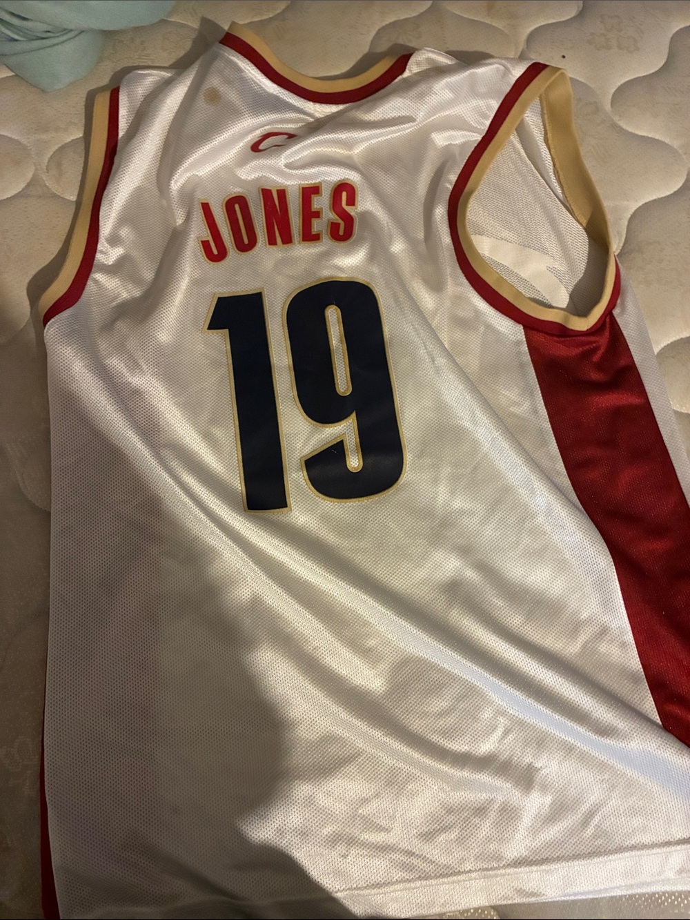 Reebok White Jersey with Red and Gold Trim, 'Jones' #19